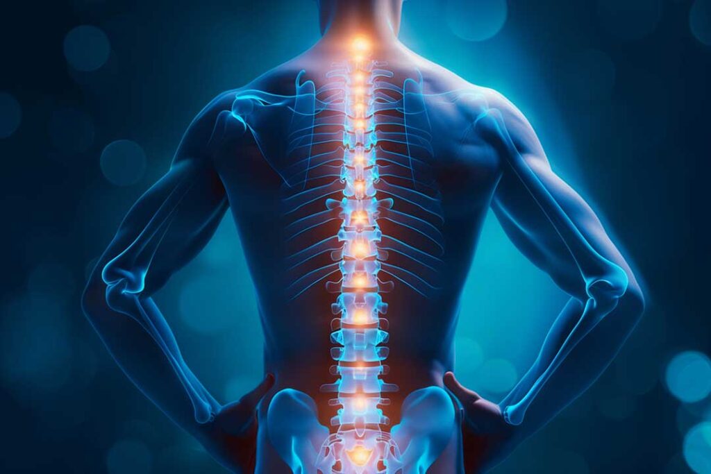 Adult discussing a back pain treatment plan with a chiropractor in a bright examination room.